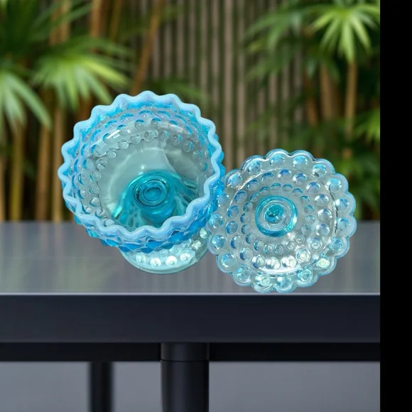 Vintage Fenton Blue Opalescent Glass Hobnail Footed Covered Candy Compote Dish